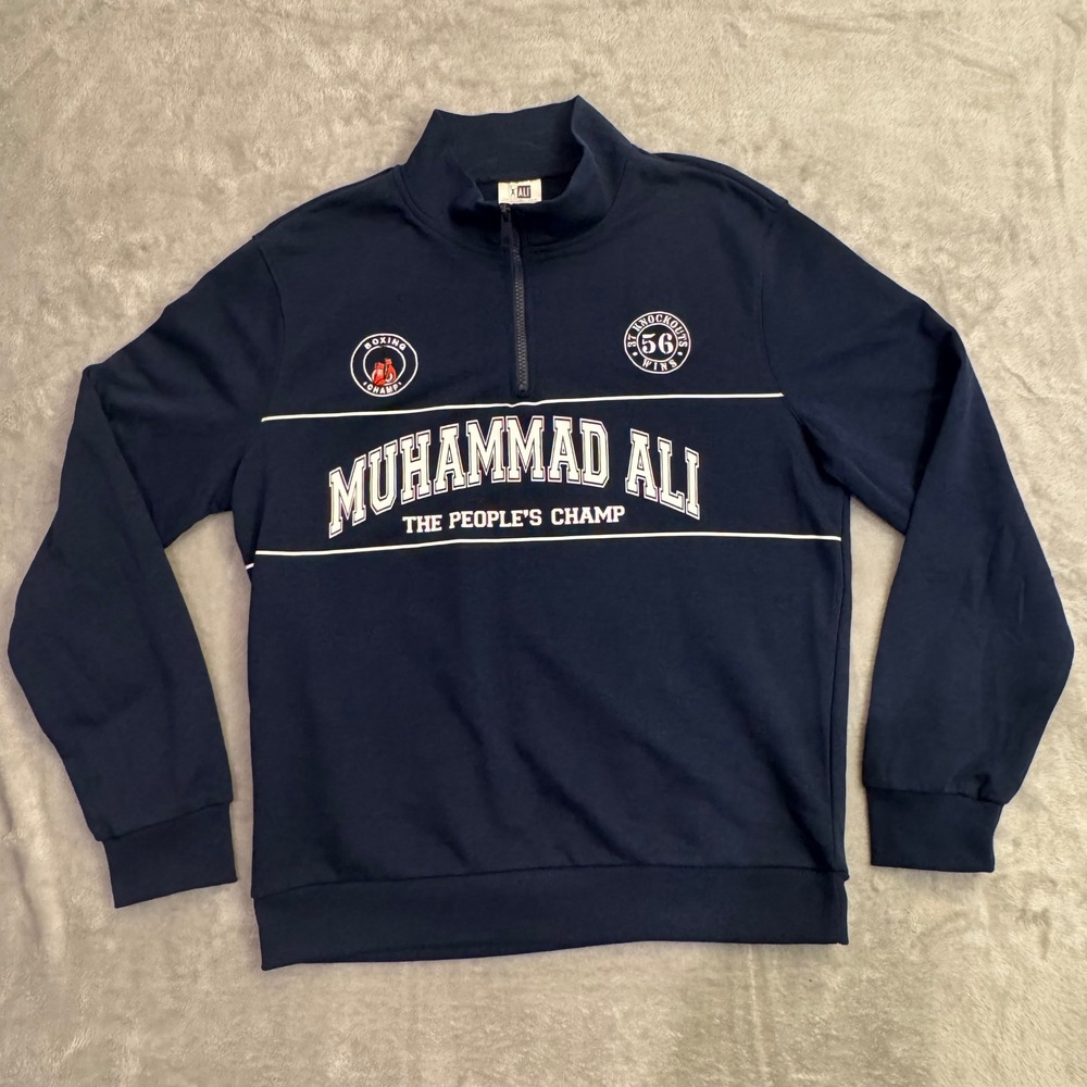 Muhammad Ali Men's S Quarter Zip Sweatshirt Navy Blue Boxing Graphic Pullover